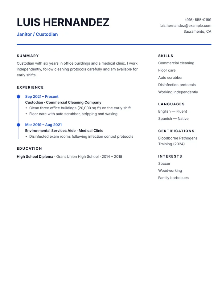 Janitor and custodian resume example for commercial buildings