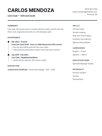 Line cook resume example with stations and covers per night