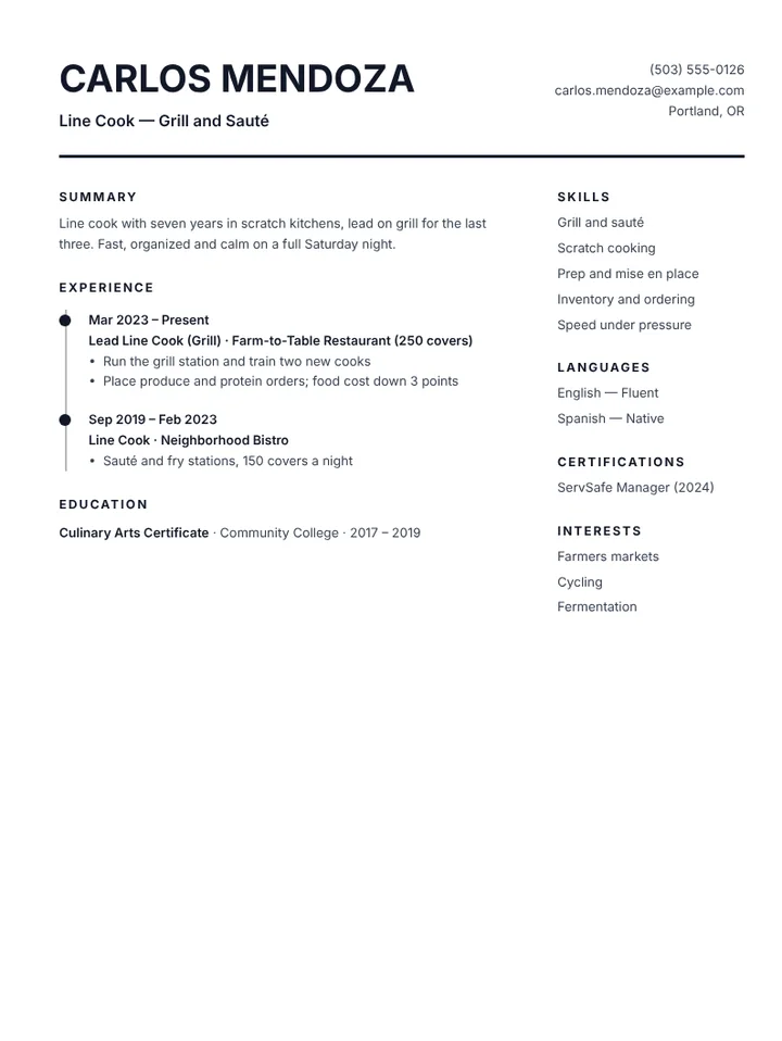 Line cook resume example with stations and covers per night
