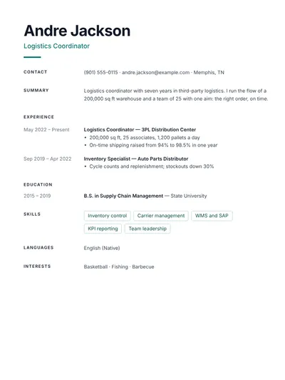Logistics coordinator resume example with KPIs and improvements