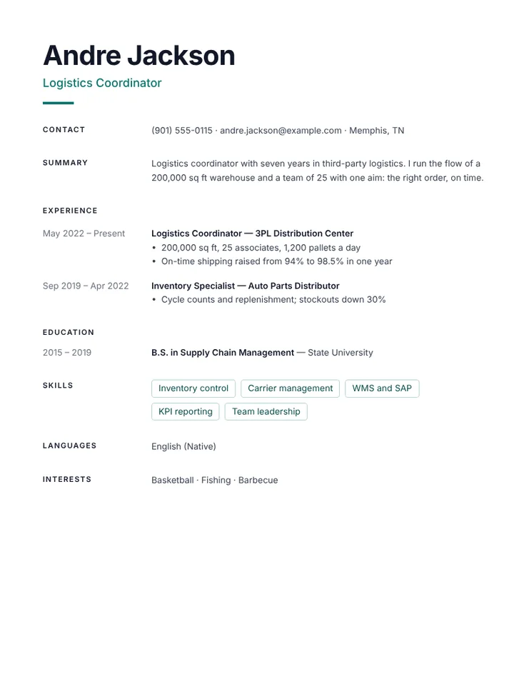 Logistics coordinator resume example with KPIs and improvements