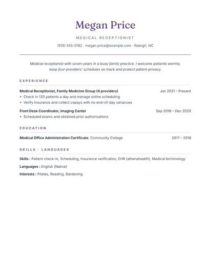Medical receptionist resume example for a group practice, no photo