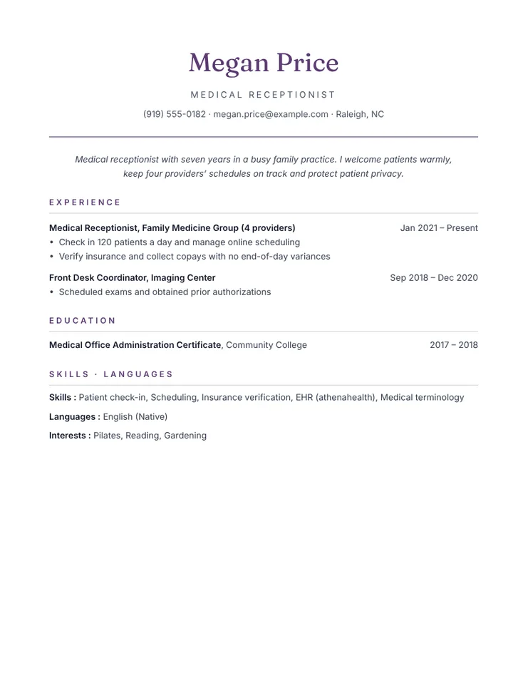 Medical receptionist resume example for a group practice, no photo
