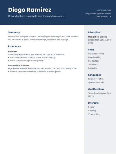Resume example with no work experience for a crew member job, one page