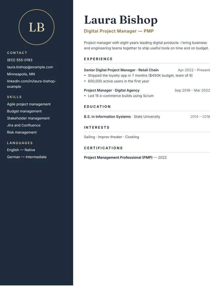 Project manager resume example with budgets, teams and delivered projects