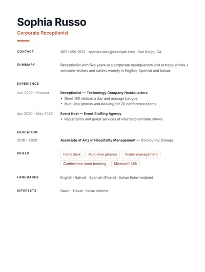 Corporate receptionist resume example with visitor management