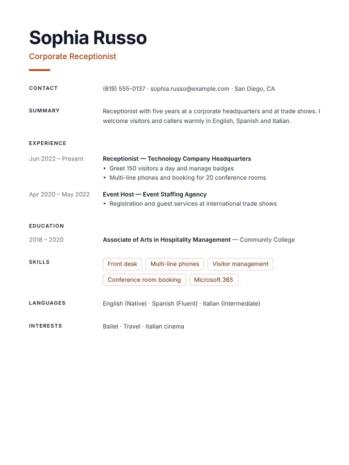 Corporate receptionist resume example with visitor management
