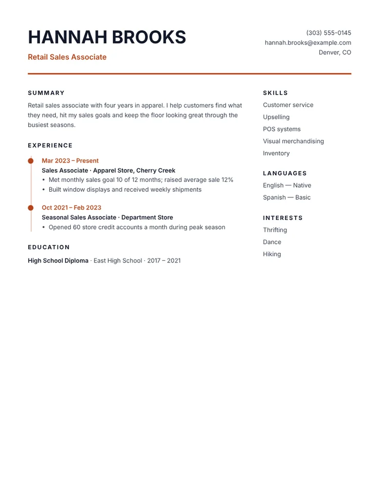 Retail sales associate resume example with sales results, no photo