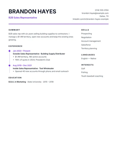 B2B sales representative resume example with quota attainment