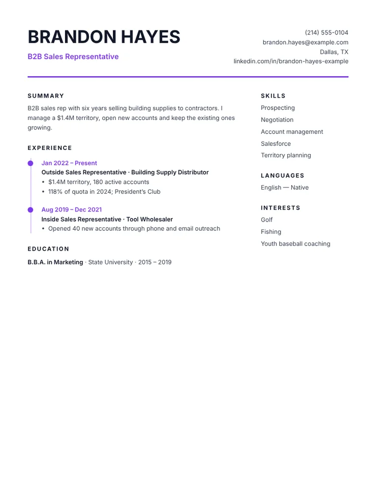 B2B sales representative resume example with quota attainment