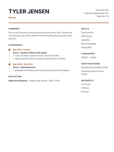 Server resume example for a full-service restaurant, no photo