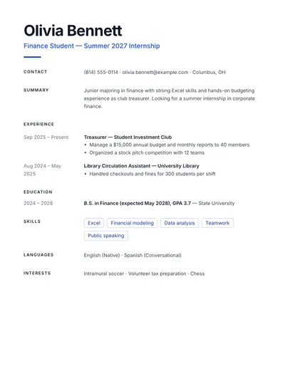 Student resume example for a finance internship, one page, no photo