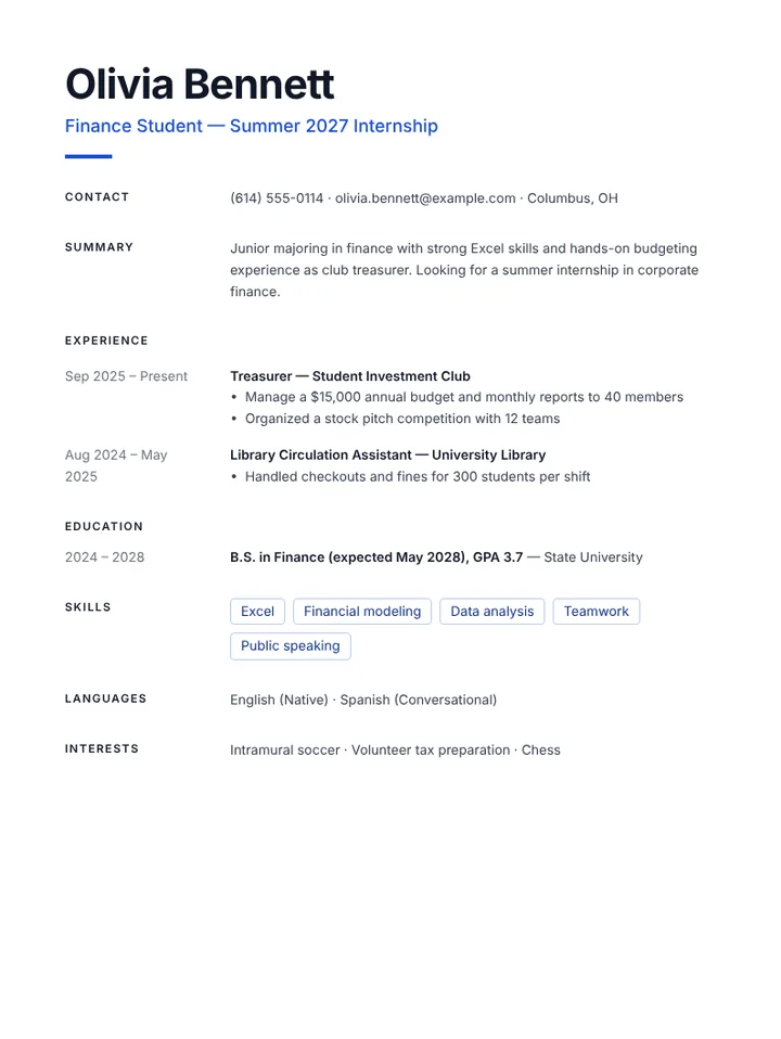 Student resume example for a finance internship, one page, no photo