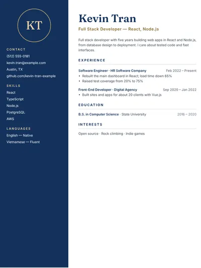 Full stack web developer resume example with tech stack and projects