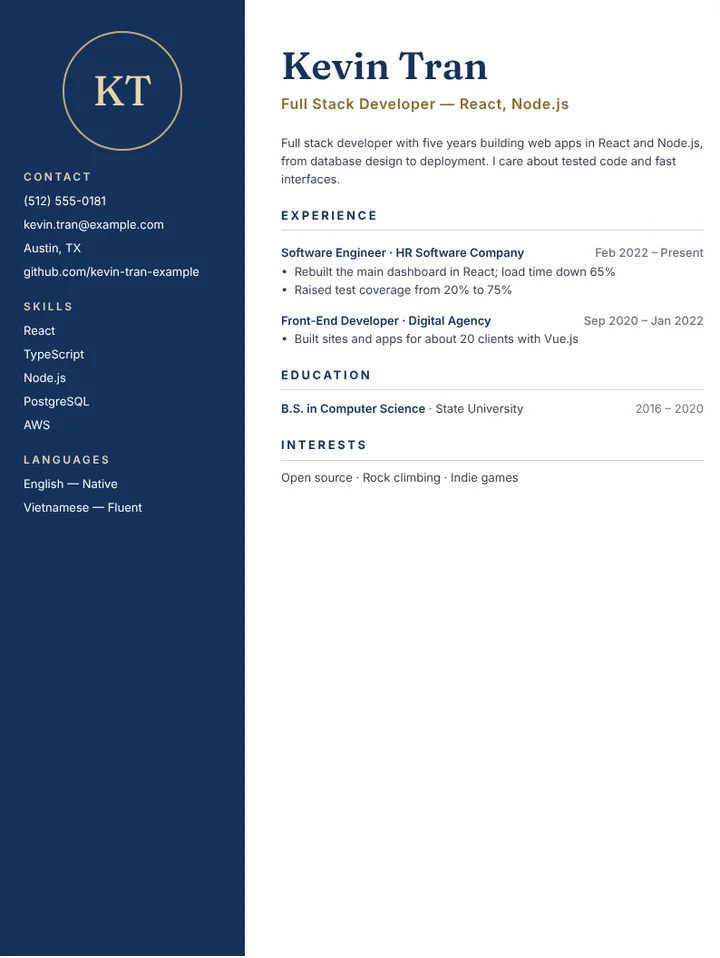 Full stack web developer resume example with tech stack and projects