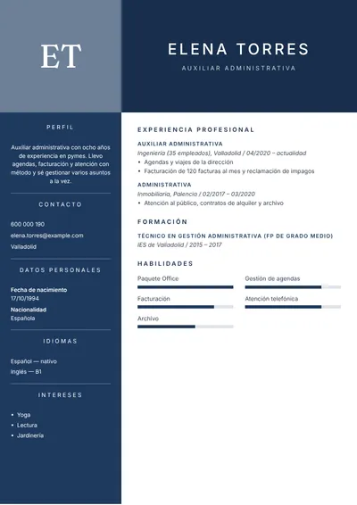 Ejemplo de currículum de auxiliar administrativa en una pyme