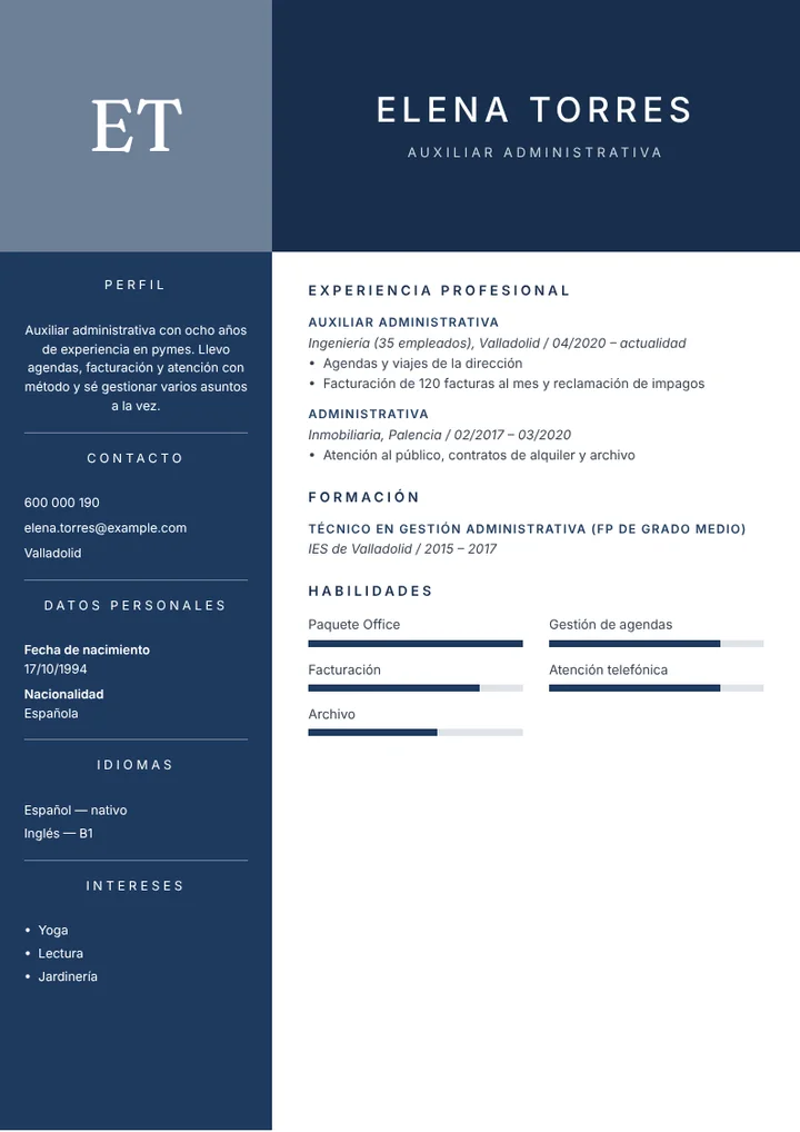 Ejemplo de currículum de auxiliar administrativa en una pyme