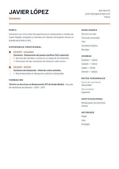 Ejemplo de currículum de camarero en restaurante con idiomas