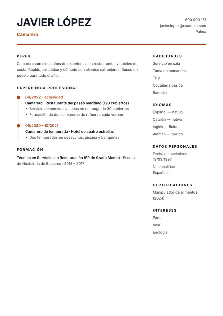 Ejemplo de currículum de camarero en restaurante con idiomas