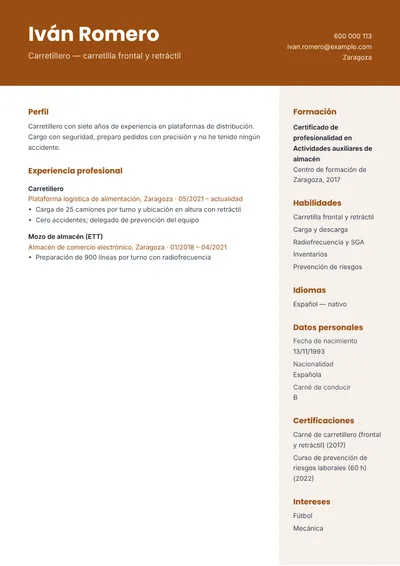 Ejemplo de currículum de carretillero con carné y retráctil