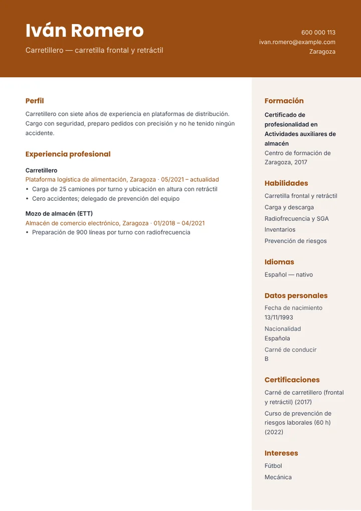 Ejemplo de currículum de carretillero con carné y retráctil