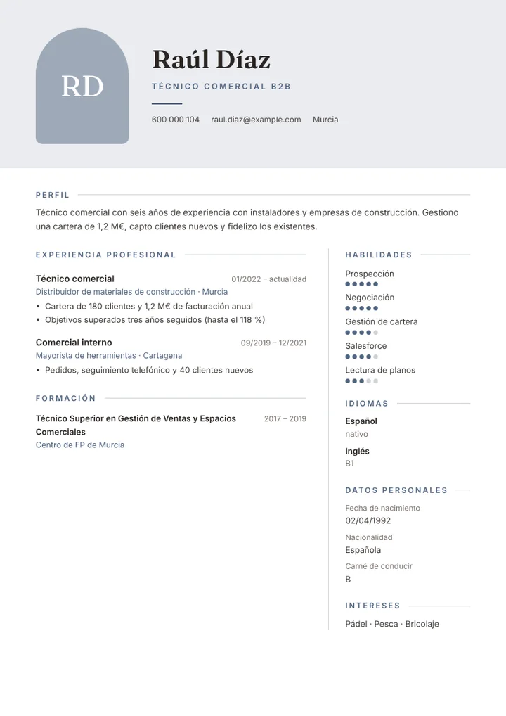 Ejemplo de currículum de comercial B2B con objetivos cumplidos