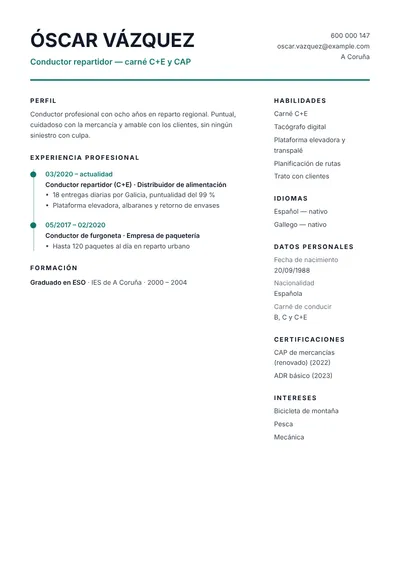 Ejemplo de currículum de conductor repartidor con carné C+E y CAP