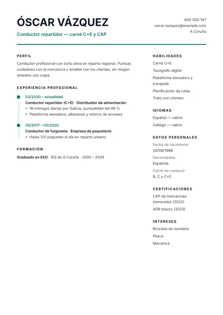 Ejemplo de currículum de conductor repartidor con carné C+E y CAP