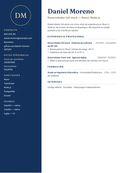 Ejemplo de currículum de desarrollador web full stack