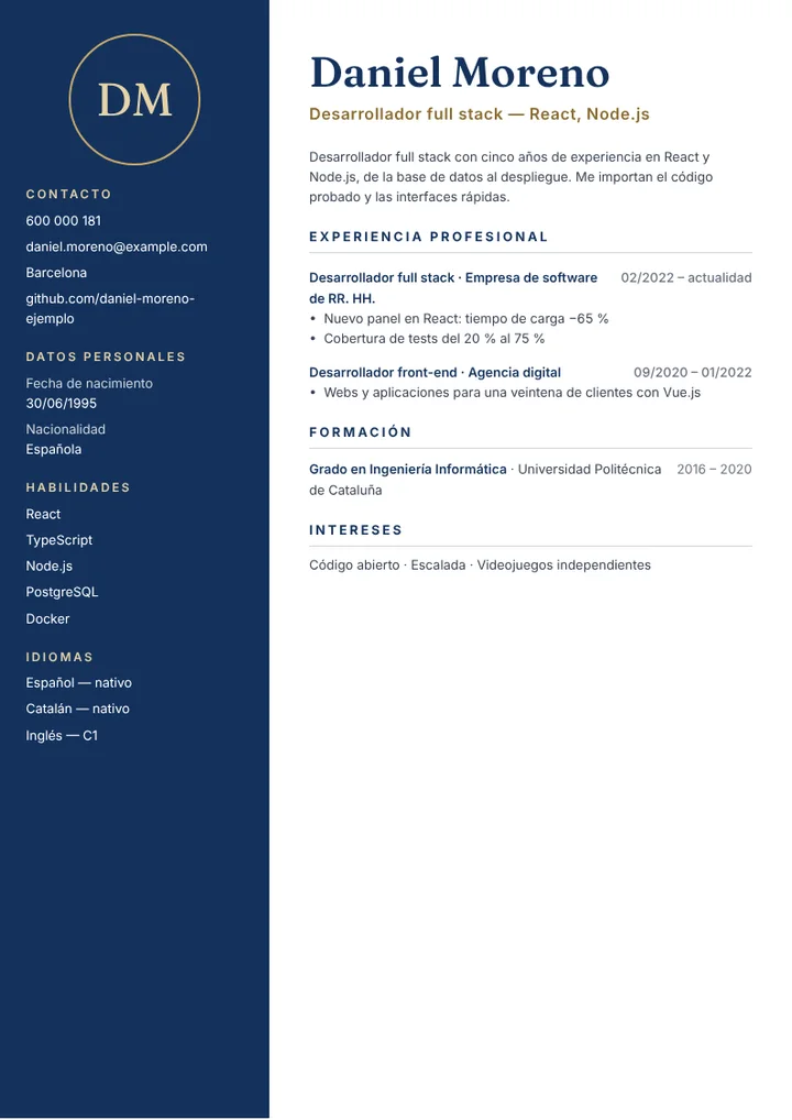 Ejemplo de currículum de desarrollador web full stack