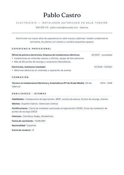 Ejemplo de currículum de electricista con carné de instalador