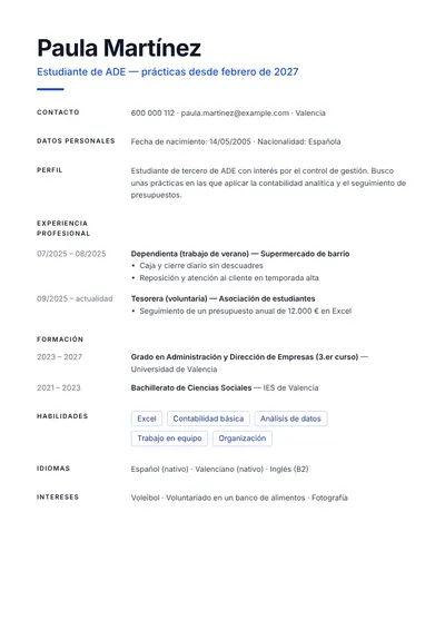 Ejemplo de currículum de una estudiante de ADE que busca prácticas
