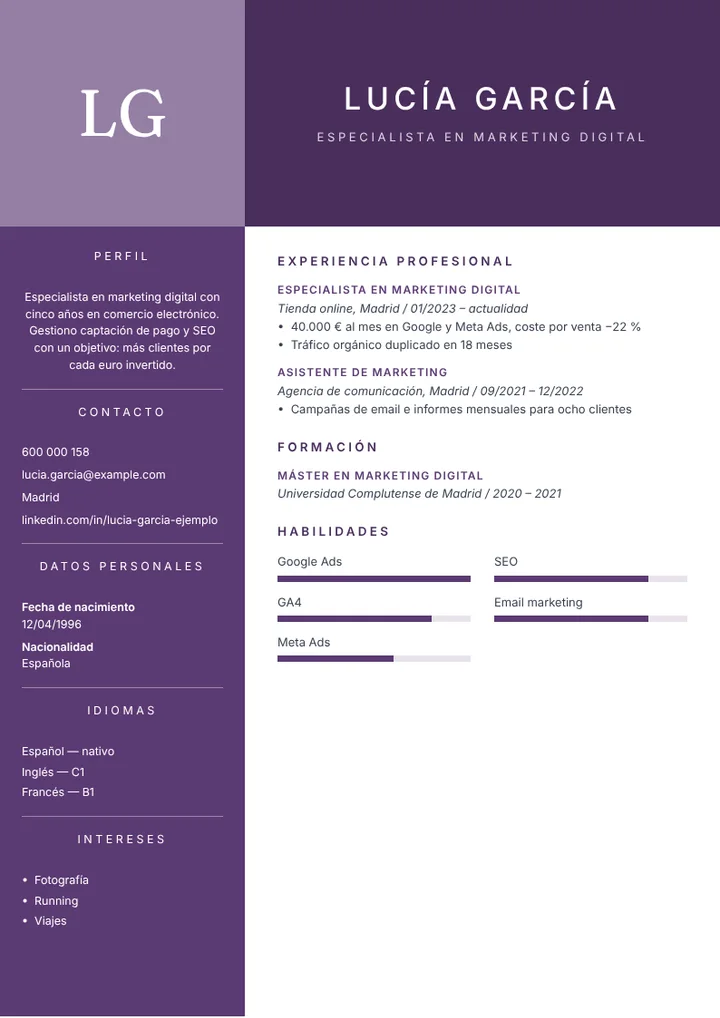 Ejemplo de currículum de especialista en marketing digital con resultados