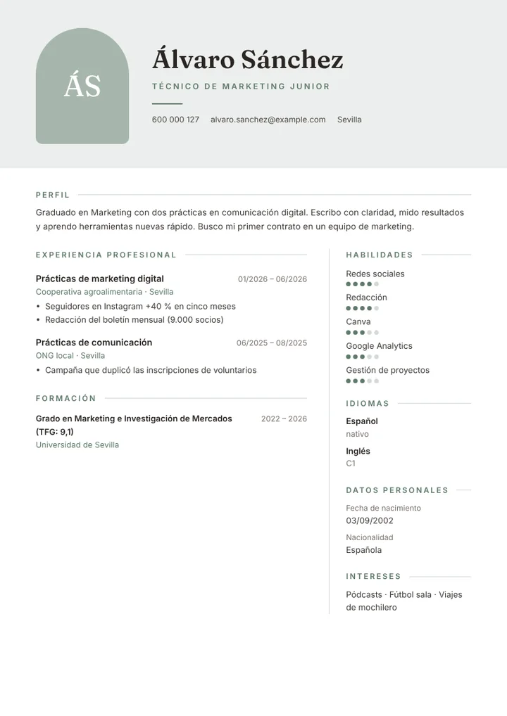 Ejemplo de currículum de un recién titulado para su primer empleo en marketing