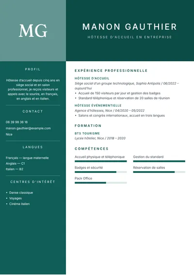 Exemple de CV d’hôtesse d’accueil en entreprise parlant trois langues