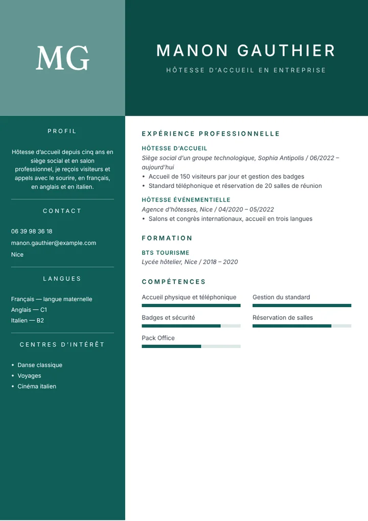 Exemple de CV d’hôtesse d’accueil en entreprise parlant trois langues