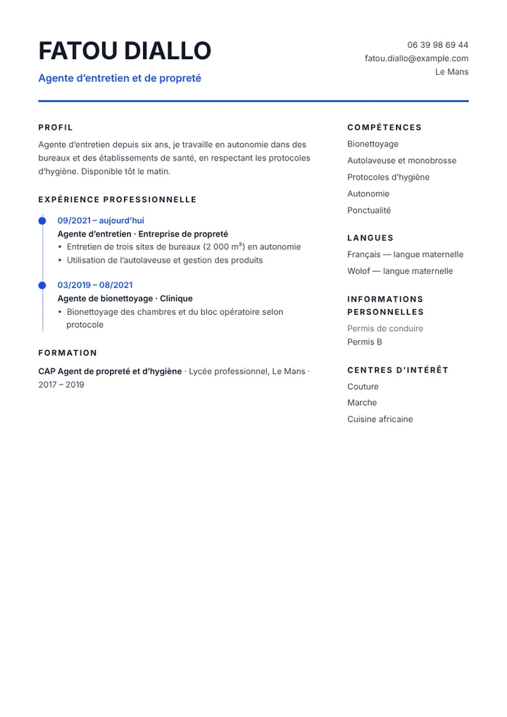 Exemple de CV d’agent d’entretien en bureaux et établissement de santé