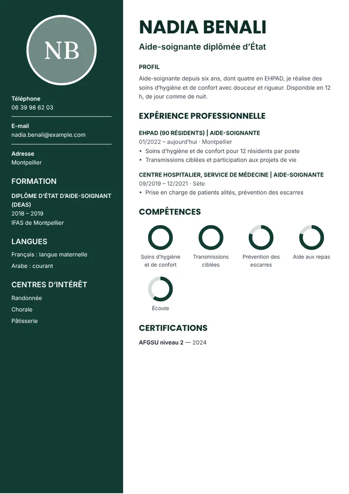Exemple de CV d’aide-soignante diplômée d’État travaillant en EHPAD