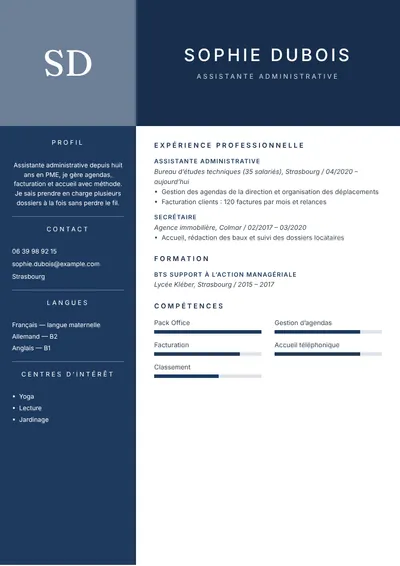 Exemple de CV d’assistante administrative en PME, une page