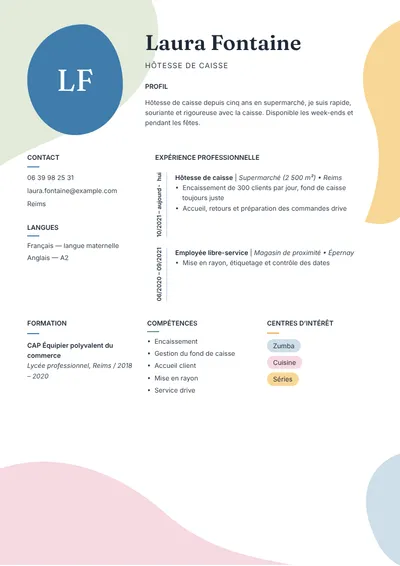 Exemple de CV d’hôtesse de caisse en supermarché, une page
