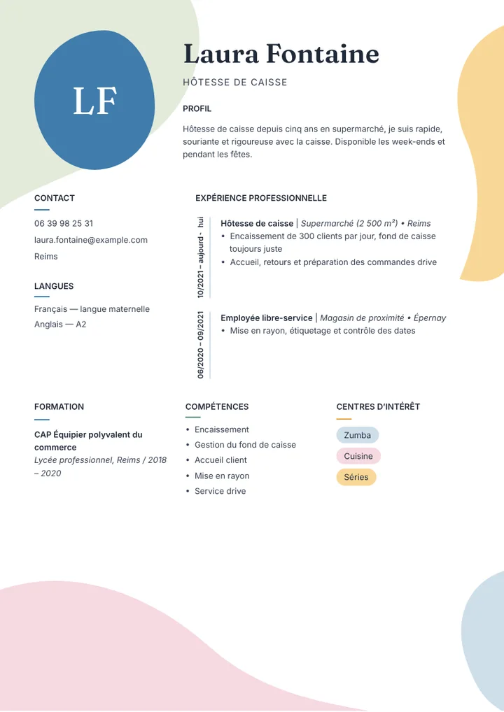 Exemple de CV d’hôtesse de caisse en supermarché, une page