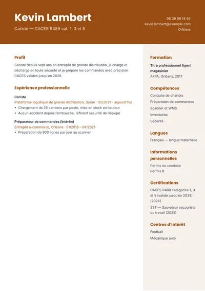 Exemple de CV de cariste avec CACES R489 catégories 1, 3 et 5