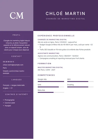 Exemple de CV de chargée de marketing digital avec résultats de campagnes
