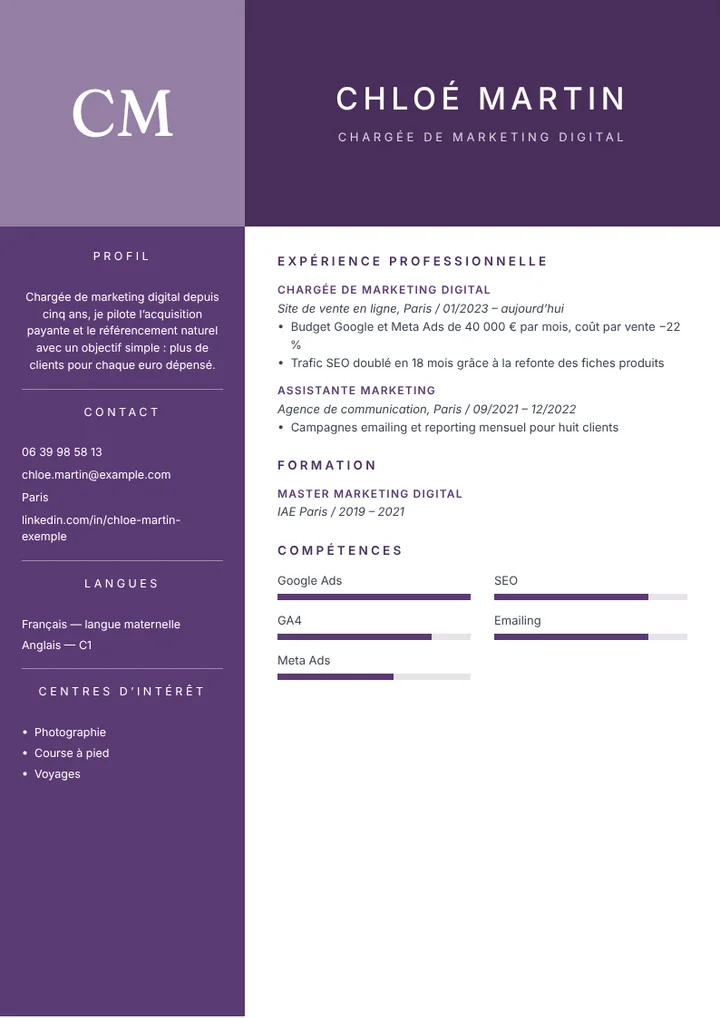 Exemple de CV de chargée de marketing digital avec résultats de campagnes