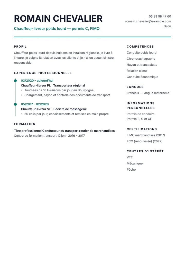 Exemple de CV de chauffeur-livreur poids lourd avec permis C et FIMO