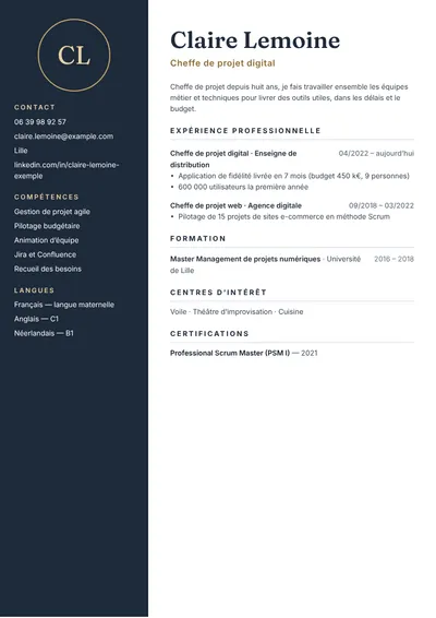 Exemple de CV de cheffe de projet digital avec budgets et équipes