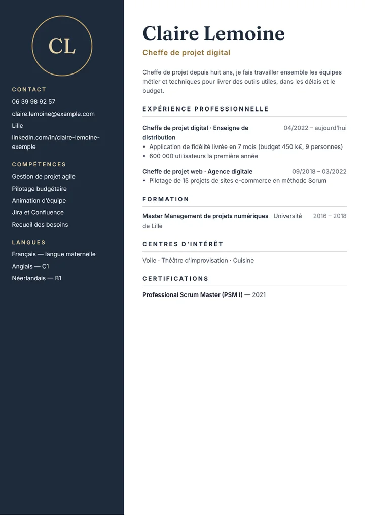 Exemple de CV de cheffe de projet digital avec budgets et équipes