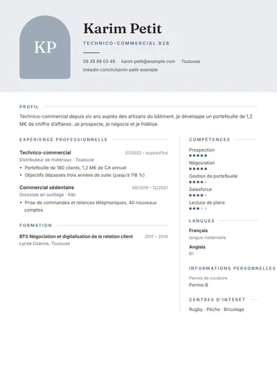 Exemple de CV de commercial B2B avec chiffre d’affaires et objectifs