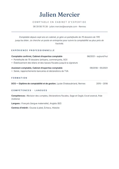 Exemple de CV de comptable en cabinet d’expertise, modèle sobre une page
