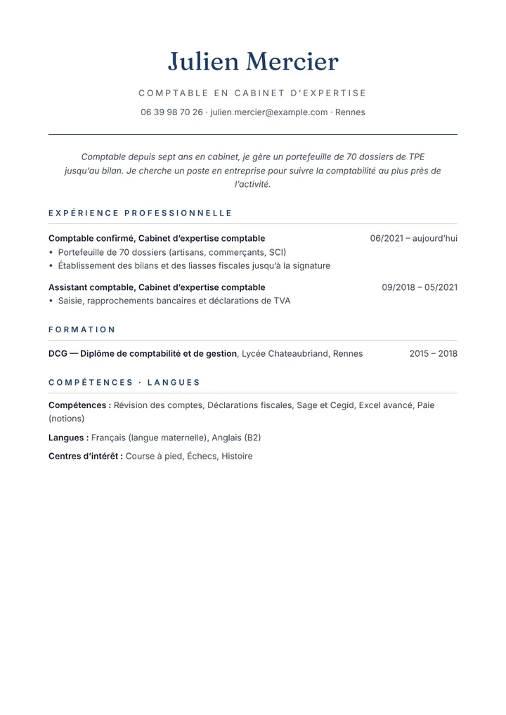 Exemple de CV de comptable en cabinet d’expertise, modèle sobre une page